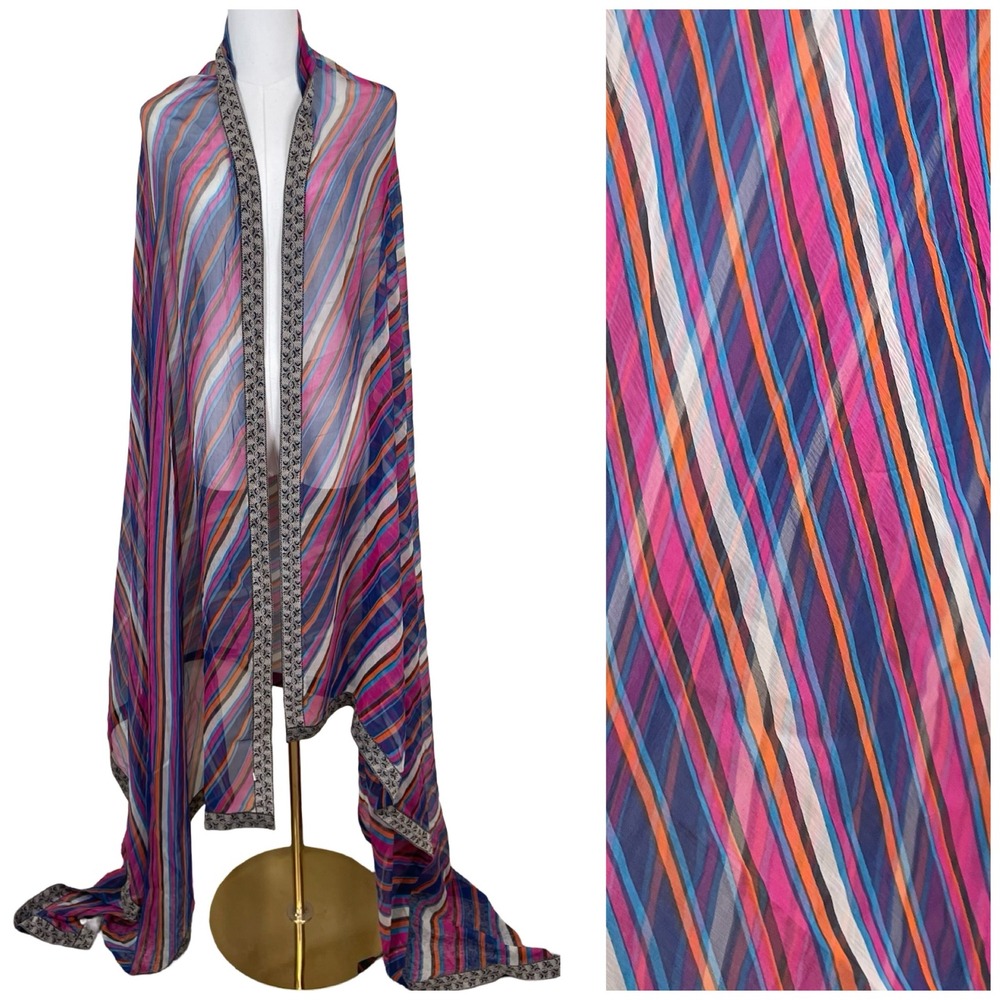 Khaadi 100% Silk Striped Scarf‎ Women Purple Blue Sheer Lightweight Wrap Boho
